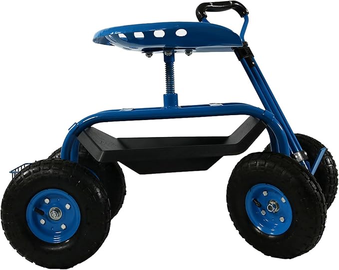 Sunnydaze Garden Seat with Wheels and Adjustable Handle, Blue | Steel Rolling Gardening Seat with Utility Tray for Storage, Rotating, Swiveling Motion