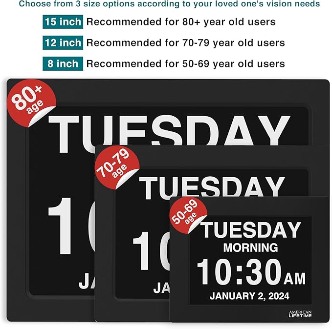 American Lifetime 【New 2025 Dementia Clock Large Digital Clock for Seniors, Alzeimer Clock Large Display with Custom Alarms, Clock with Day & Date for Elderly, Digital Calendar Black, 15 Inch