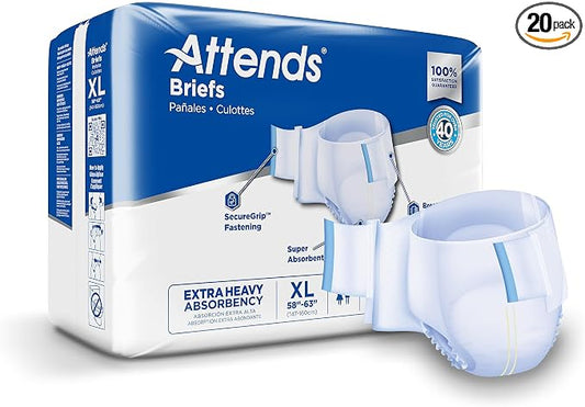 Attends Adult Incontinence Disposable Briefs, X-Large, 58"-63" Waist with SecureGrip Tab Closure, Extra Heavy Absorbency with Super Absorbent Core and Breathable Side Panels, 20ct Bag