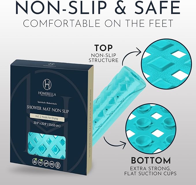 homerella® Shower Mat Non Slip Anti Mold, Non Slip Shower Mats for Inside Shower Stall Anti Slip Mat, Square Shower Floor Mat 21 x 21 in with Suction Cups & Hooks for Quick Drying, Machine Washable