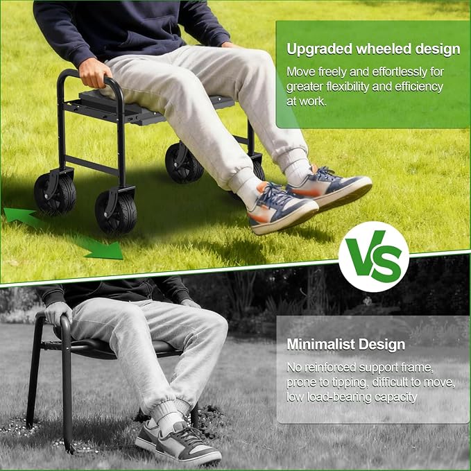 Garden Kneeler and Seat with 360° Wheels: 3-in-1 Rolling Gardning Stool | Foldable Garden Seat with Extendable Legs - Thick Pad and Tool Pouches - Heavy Duty Gardening Bench for Seniors