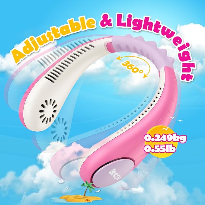 Kids Neck Fan, Portable Bladeless Neck Fan for Kids 4-14Y, 2600mAh Rechargeable Wearable Fan for Girls Boys, 4 Speeds Lightweight Quiet Cooling Fan for Study, Camping, Travel, Summer Essential