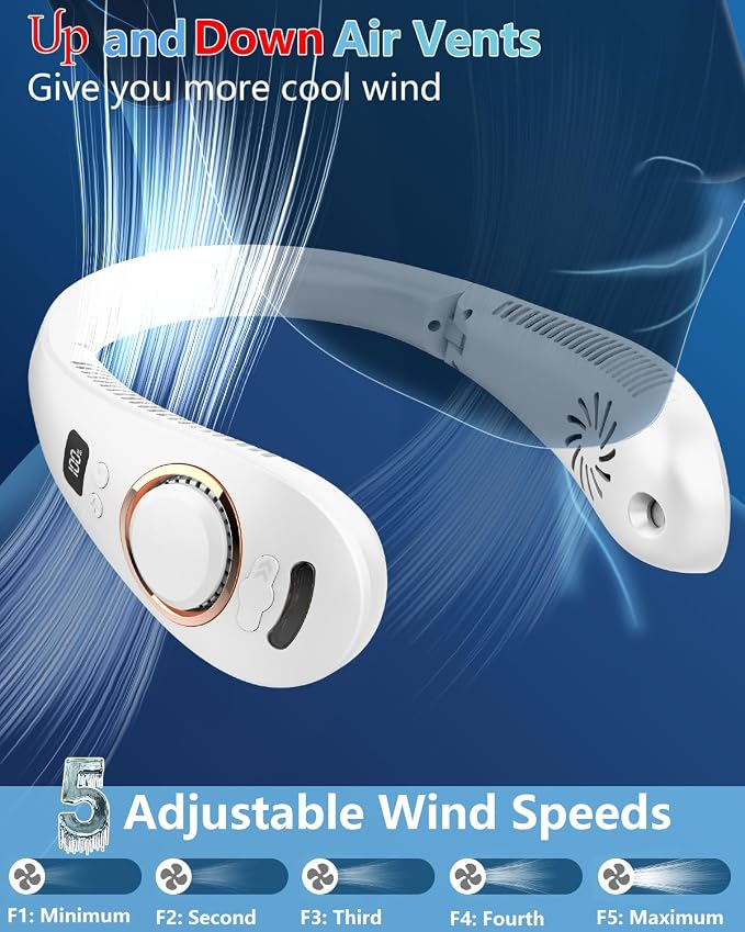 Neck Fans that Blow Cold Air,Misting Neck Fan Rechargeable Battery Powered,Foldable Leafless Hands Free USB Chargable Cooler,Slient Mini Head Unit Water Mister Sprays for Travel Camping Outdoor White