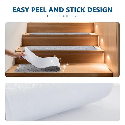 KOOTETA Stair Treads for Wooden Steps Indoor, 15 Pack 8" X 30" Non Slip Carpet Stair Treads with Reusable Adhesive for Kids Elders and Dogs, Surface Polyester TPR Backing Stair Rugs, Grey