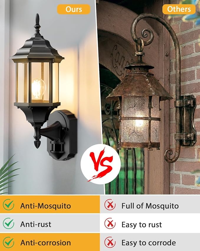 Redluck Motion Sensor Outdoor Wall Light Fixtures, 2 Pack Outdoor Wall Lamp | Dusk to Dawn, Anti-Rust, Waterproof Aluminum Frame, Tempered Glass & Classic Exterior Porch Lights for House Garage, Black