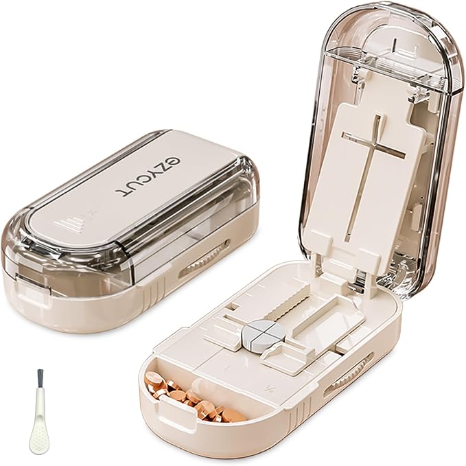 ONTERATE Pill Cutter Splitter for Small & Large Pills, Adjustable Pill Splitter with Safety Guard Hidden Stainless Steel Blade, Travel Tablet Vitamin Cutter Cutting into 1/2, 1/4 (Cream)