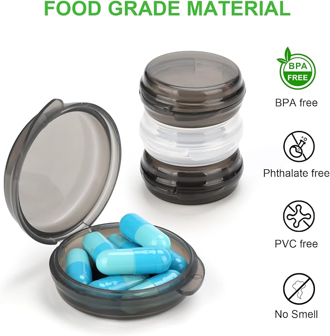 Small Pill Case,8 Pack Round Pill Storage Boxes,Portable Tiny Pill Organizer Container for Pocket Purse,Compact Medicine Caddy Dispenser for Caping, Trip, Travel - Black + White