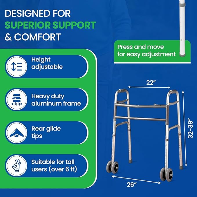 Bariatric Heavy-Duty Folding Walker with Wheels for Seniors, Adults, Extra Wide Front Wheel Walker (2 5-Inch Wheels), and Free 2 Pairs of Rear Glides Heavy Duty Sizes. Sized for Adults up to 450 lbs
