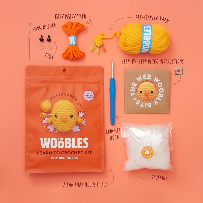 The Woobles Amigurumi Crochet Kit for Beginners (Kiki the Chick) | As seen on Shark Tank, Kit includes: Easy Peasy Yarn, pre-started piece, hook, safety eyes, stuffing, video tutorials