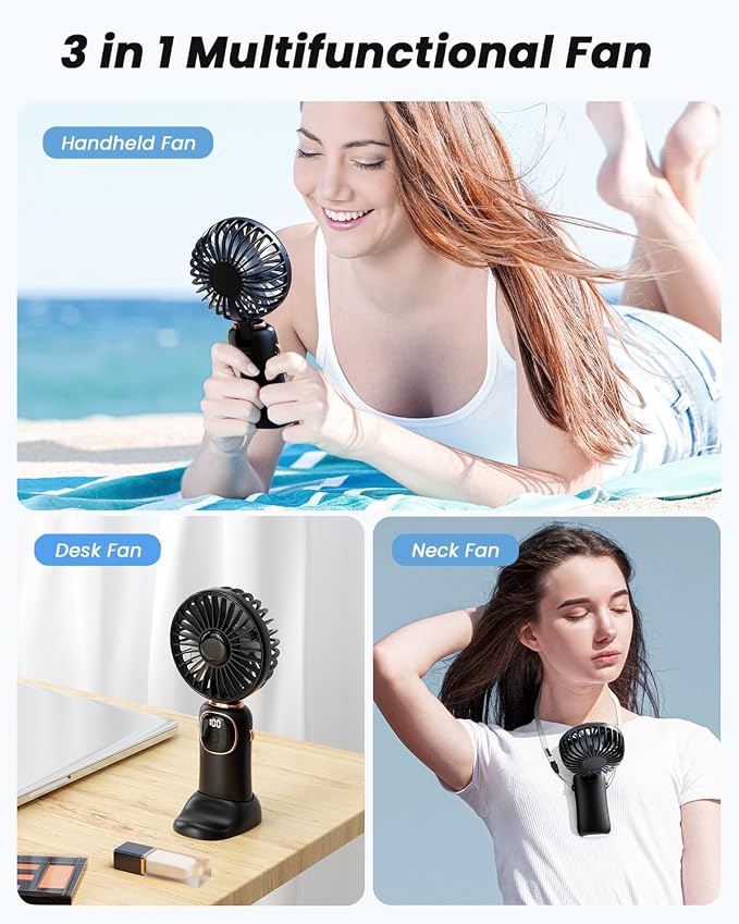 coldSky Portable Handheld Fan, 4000mAh Battery Operated 3 in 1 Multifunction Personal Travel Fans with Digital Display, 90° Foldable Desk Fan with Base, 5 Speed Lash Fan for Makeup/Office (Black)