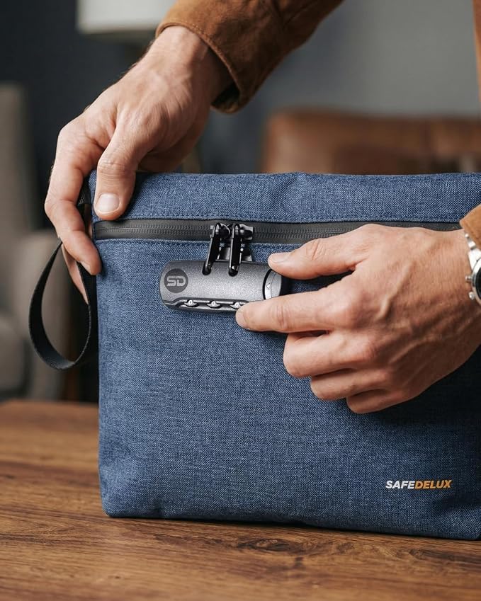 Smell Proof Bag with Combination Lock, Durable Odor Proof Storage Pouch with Activated Carbon Fabric Lining, Secure Travel Pouch for Home & On-the-Go (Denim Blue, 11.8 x 8.6 inches)