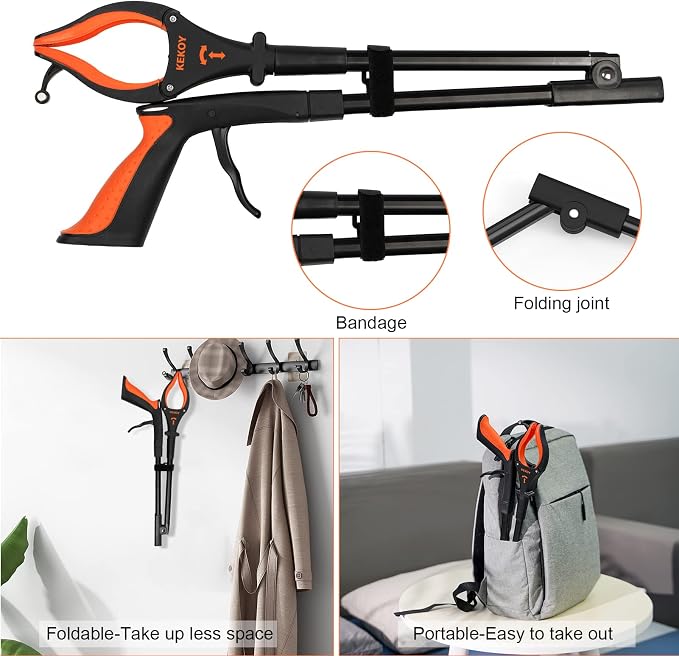 KEKOY 2-Pack Grabber Reacher Tool with Light, 32" Foldable, Orange | Magnetic Tip | 90° Rotating Head | Rubber Jaw | Trash Picker for Elderly | Aluminum Alloy | Indoor & Outdoor Use