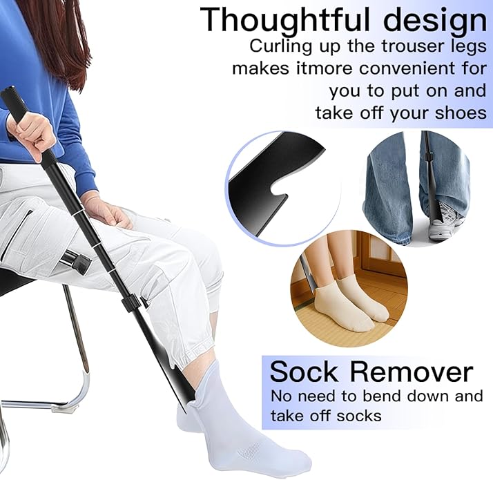 Shoe Horn Long Handle, 16.9"-37.4" Telescopic and Detachable Shoe Horn with Pants Hook and Sock Assist, Adjustable Long Handle for Seniors, Men and Women