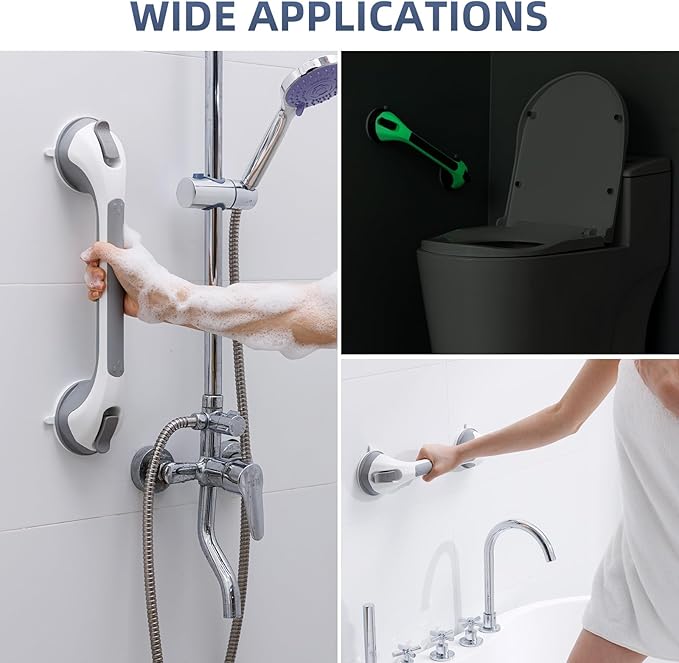 Grab Bars for Bathtubs and Showers Glow in The Dark, 17 inch Suction Grab Bar, Shower Handle Safety Grip Handrail for Seniors and Elderly, Removable Waterproof No Drilling, Grey