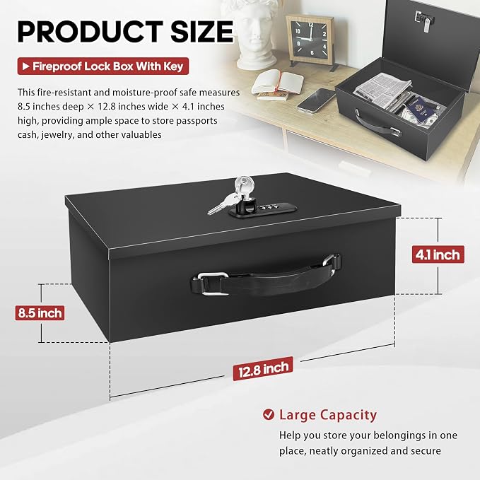 YIYITOOLS Fireproof Lock Box with Key and Combination Lock, Fire Safe Document Box, Portable Fireproof Waterproof Safe for Home,Office,Travel, Secure Storage for Documents,Jewelry,Passport,Cash