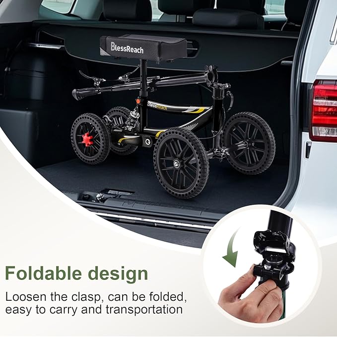 Knee Scooter, 300lbs Capacity, 13" Big PU Seat, Disc Brake Knee Walker, All Terrain Foldable Knee Scooter Walker with Bag for Foot Injuries Compact Crutches Alternative (Black)