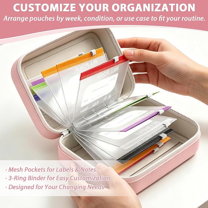 A8 Waterproof Pill Organizer, Waterproof Pill Pouch Set, Travel Medicine Organizers with 14 Color-Coded Pouches, Leakproof Reusable Zippered Storage Case, Compact Daily Pills Holder (Pink)