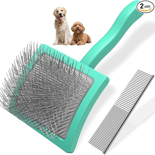 2PCS Slicker Brush for Dogs & Pet Comb,Professional Dog Grooming Brush (Goldendoodles,Poodles,Labradoodles) with Extra Long Pins to Effectively Remove Tangles, Knots and Mats (Cyan, Large)