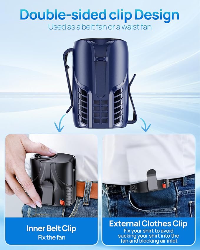 Portable Personal Waist Fan& Neck Fan, 14000RPM Brushless Motor, 40H Runtime Rechargeable, 6-Speed Quiet Operation, Clip-On Personal Body Cooling for Camping/Worksites/Outdoor