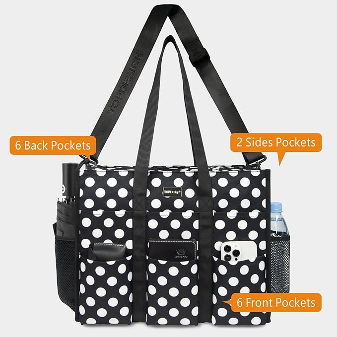 TOPDesign Utility Water Resistant Tote Bag with 22 Pockets, Top Zipper Closure & Thick Bottom Support, for Working Women