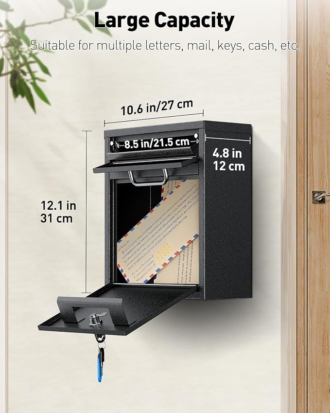 Uniclife Wall Mount Mailbox for Outside, Black Locking Mailbox | Anti-Theft Function, Heavy Duty, Small Mailbox with Key Lock, Safe Key Drop Box, Steel Cash Drop Box for Home Office, Black