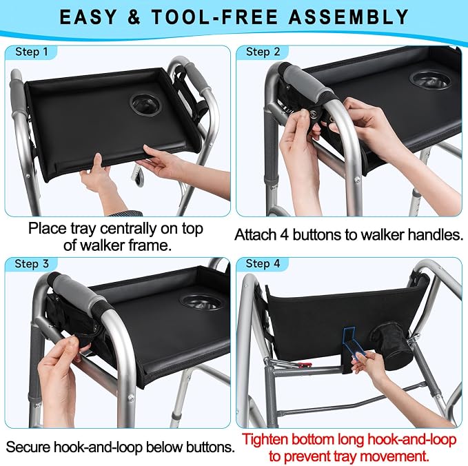 Walker Tray for Folding Walkers with Cup Holder, Adjustable Walker Tray Table Fits Most Standard Walkers, Non-Slip & Easy-Clean Leather Surface, Removable & Easy Assembly