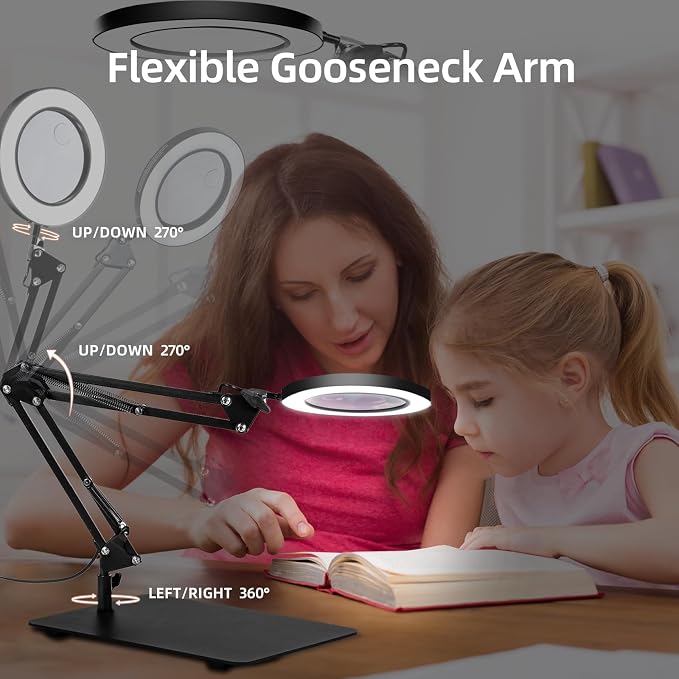 Magnifying Glass with Light and Stand, 3-in-1 Gooseneck Arms 3 Color Modes Stepless Dimmable, 10x&5X LED Desktop Magnifier with Light Hands Free for Workbench Reading Crafts Painting Hobby Close Work