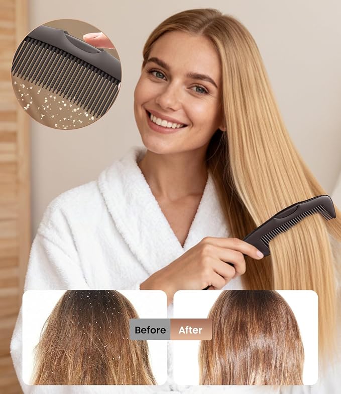 Dandruff Comb Removal 2PC Hollow Fine Tooth Scalp Detox Hair Care Tool | Upgraded Stainless Steel Teeth, with Gift Box, Build up Flake, Self Cleaning, Button-Release Design, for Women Men Kid, Brown