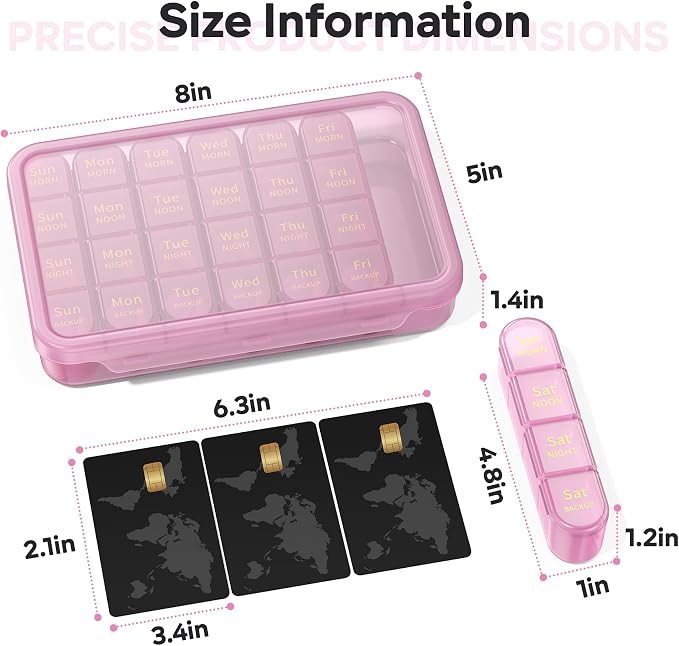 Daviky Pill Organizer 4 Times a Day - Pill Box 7 Day, Weekly Medicine Pill Organizer for Travel with Removable Containers, Pill Case to Hold Daily Vitamins, Supplements and Medication (Pink Purple)