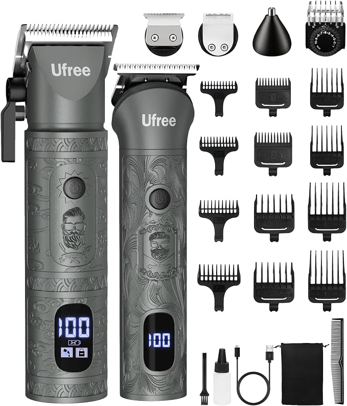Ufree Hair Clippers for Men, Cordless Beard Trimmer, Grooming Kit, Gray | T-Blade, 6500RPM, 1-22mm Adjustable Comb, Type-C, 180min Runtime, for Beard, Stubble, Nose and Crisp Edges, Men Gift