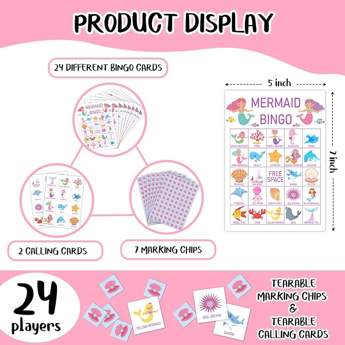 Mermaid Bingo Cards, 24 Player Under The Sea Party Bingo Game for Family Adult, Ocean Mermaid Party Favor, Large Group Party Celebration Activity -08