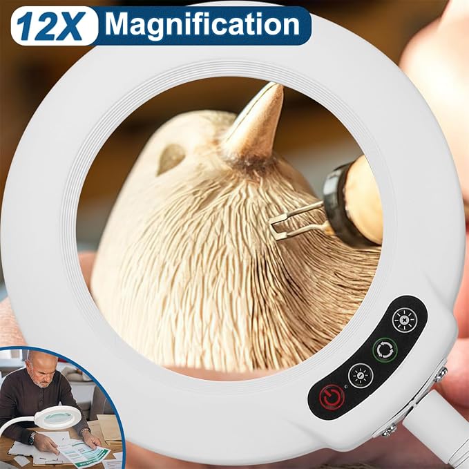 IVMAIE 12X Magnifying Glass with Light, Real Glass Lens, 5 Color Modes Dimmable, Flexible Gooseneck Lighted Magnifier with Stand, LED Desk Lamp Hands Free for Crafts Painting Reading Close Work, White