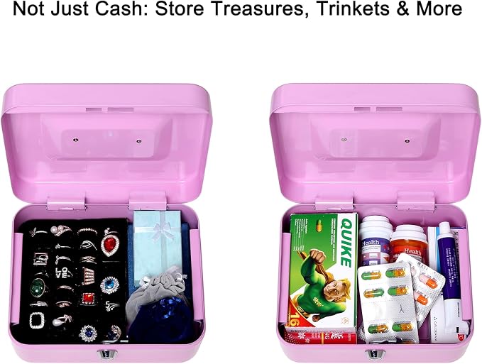 Jssmst Cash Box with Key Lock - Durable Metal Cash Box with Money Tray, Light Purple, Medium