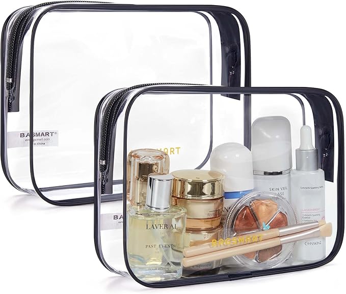 BAGSMART Clear Toiletry Bag, 2 Pack TSA Approved Travel Toiletry Bag Carry on Travel Accessories Bag Airport Airline Quart Size Bags Water Repellent Makeup Cosmetic Bag for Women (Black-2pcs) | Carry on Travel Accessories Bag, Airport Airline Quart Siz...