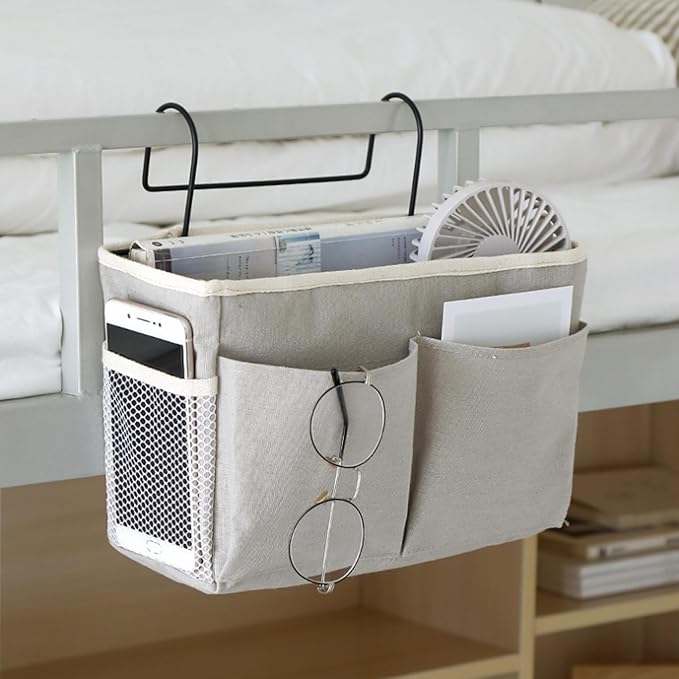Bedside Caddy Organizer Hanging Storage Basket with Large Pockets & Hooks, Heavy-Duty Canvas Bedside Organizer for Bunk Beds, Dorm Rooms, Hospital Beds & Small Spaces (Beige)