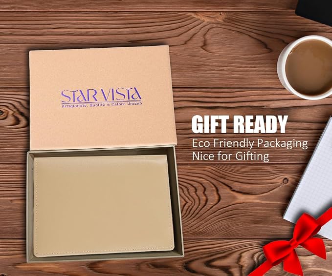 STAR VISTA Phoenix Leather Passport Holder, Calfskin Leather Travel Wallet, RFID Blocking, with ID Window, Zipper Pocket, Card Slots, AirTag Slot, Ivory