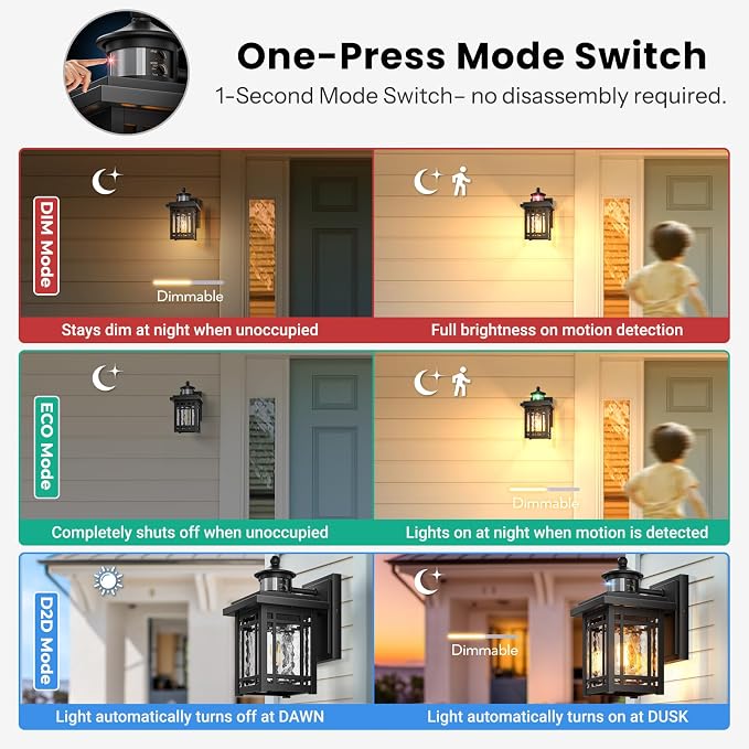 Gleamz 2-Pack Outdoor Porch Lights Wall Mount, Black Motion Sensor Outdoor Wall Lights, Aluminum Exterior Lighting Fixtures, Modern Exterior Lighting Fixtures Dusk to Dawn for Home Patio, E26 Socket