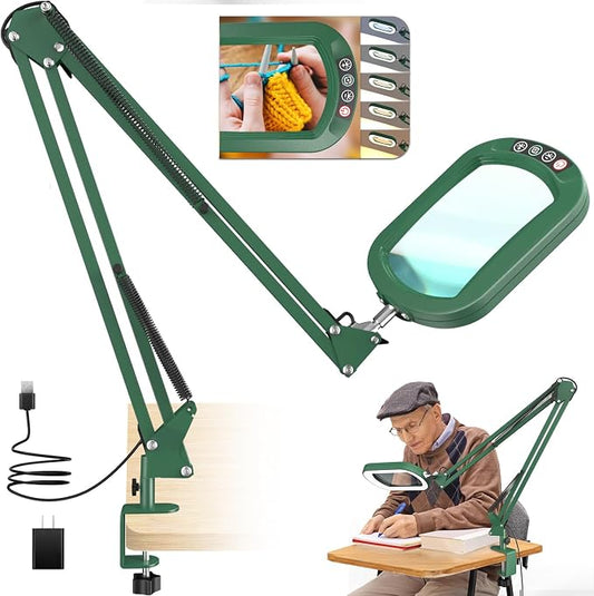 16" Extra Long Magnifying Glass with Light and Clamp, Real Glass, 5 Color Modes, Stepless Dimmable, Lighted Magnifier with Stand Hands Free, LED Swing Arm Desk Lamp for Close Work, Craft, Green