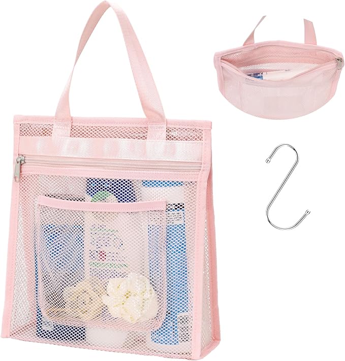 Small Mesh Shower Caddy Portable - Zipper Gym Shower Bag for Travel, Pink | 3 Pockets, Quick-Dry Mesh, S-Hook, Hanging Shower Caddy for Toiletry Essentials, Bathroom & Camping