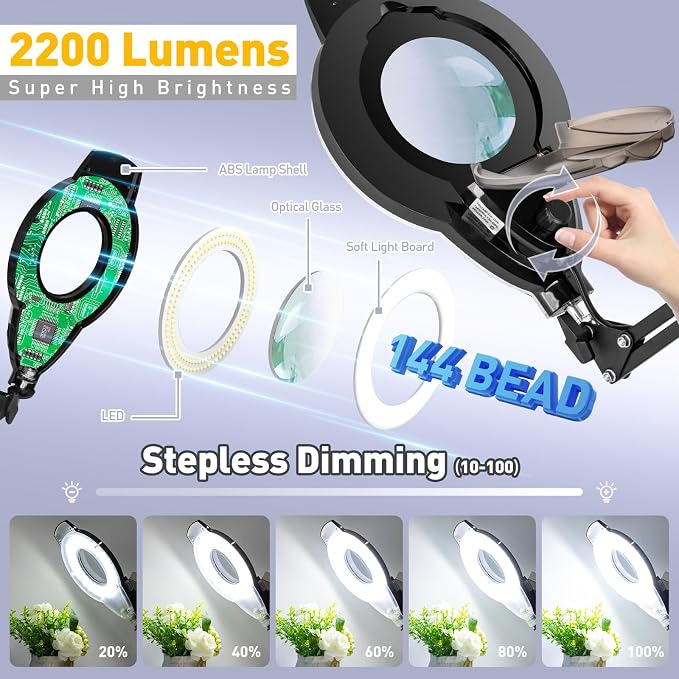 2200 Lumens Mag Lamp for Estheticians, 2-in-1 Magnifier Floor Light | 144 LED Stepless Dimmable, 10X Real Glass, 4 Wheel Rolling Stand Mag Lamp for Estheticians Facial Tattoo Craft Reading