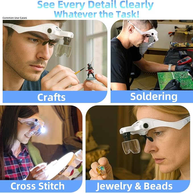 Rechargeable Lighted Headband Magnifier – Hands-Free Magnifying Tool for Jewelry, Eyelash Extensions, Watch Repair, Cross Stitch and Crafts