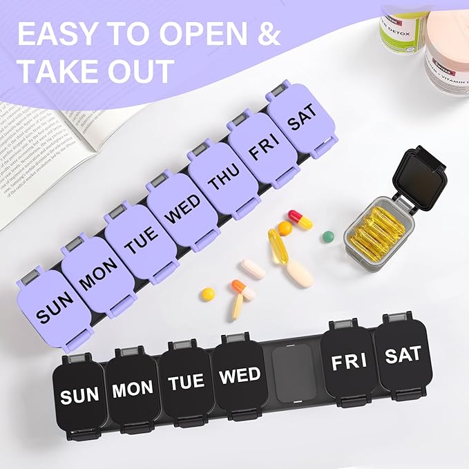 2-Pack Extra Large Weekly Pill Organizer - XL Vitamin Holder with 7 Detachable Compartments, Portable Medicine Pill Organizer for Supplements, Daily Pill Case for Home and Travel