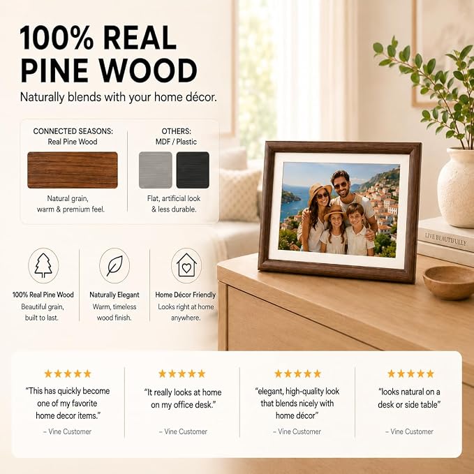 8” WiFi Digital Picture Frame – 100% Real Wood Frame, HD Touchscreen, 16GB Storage, MicroSD/USB-C, Auto-Rotate, App Sharing, Electric Picture Frame Slideshow, Desk & Family Use, Moms Birthday Gifts