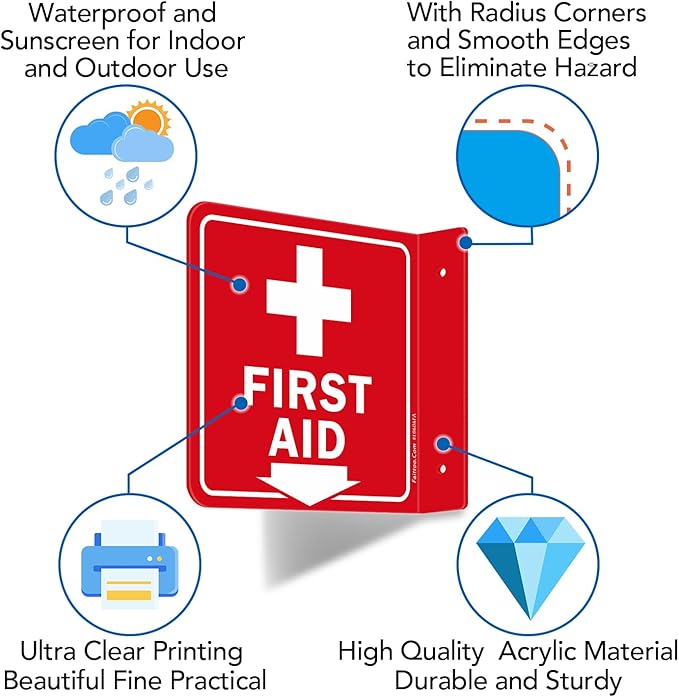 Faittoo First Aid Sign, 2 Pack First Aid with Cross Symbol - 6 x 6 Inches Acrylic Plastic, 2 Pre-Drilled Holes, Includes Matching Screws, Use for Home Office/Business