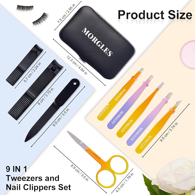 MORGLES Tweezers Set 9 Pcs Colorful Nail Clipper Kit with Case for Grooming | 5 Tweezers, Clippers, Scissors, Rust-Proof Steel, Travel Press-On Case, Gift for Him/Her, for Splinters, Brows, Facial Hair