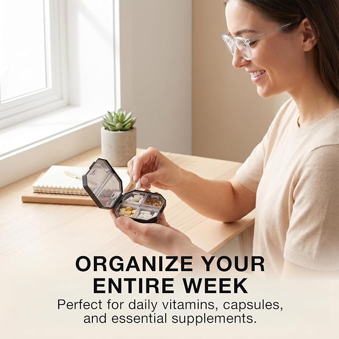 6-Compartment Travel Pill Organizer – Portable Daily Vitamin & Medicine Case, Compact & Durable Pill Box for Pocket, Purse, or Travel (Black)