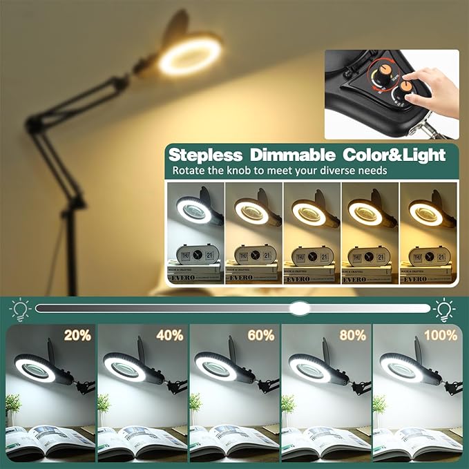 12X Magnifying Glass with Light and Stand, Switch Knob for Multi-Color Modes Dimmable, 3-in-1 Adjustable Swing Arm Floor Lamp, Hands Free Lighted Magnifier for Reading Close Work - Black