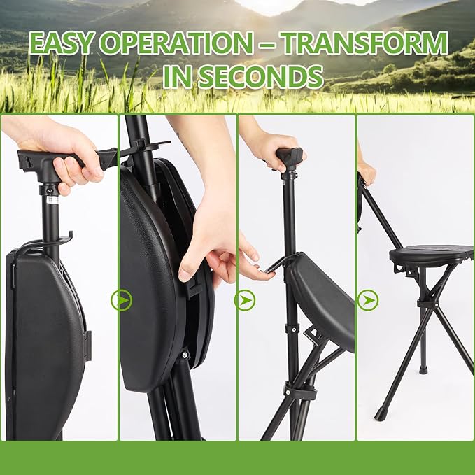 Walking Cane Chair Portable Folding 2-in-1 Trekking Pole Stick with Seat, Adjustable Sturdy Anti-Slip Lightweight Aluminum for Hiking Camping Seniors Walking