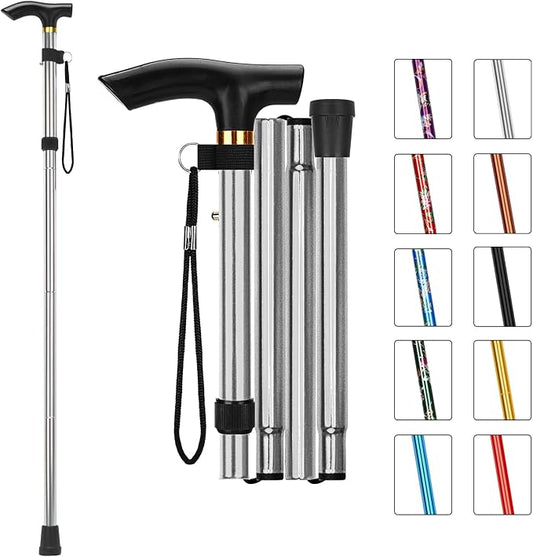 MFE Folding Cane, Portable 5-Level Adjustable Height Walking Stick with Foldable Design, Wrist Strap, and T Handle for Men and Women