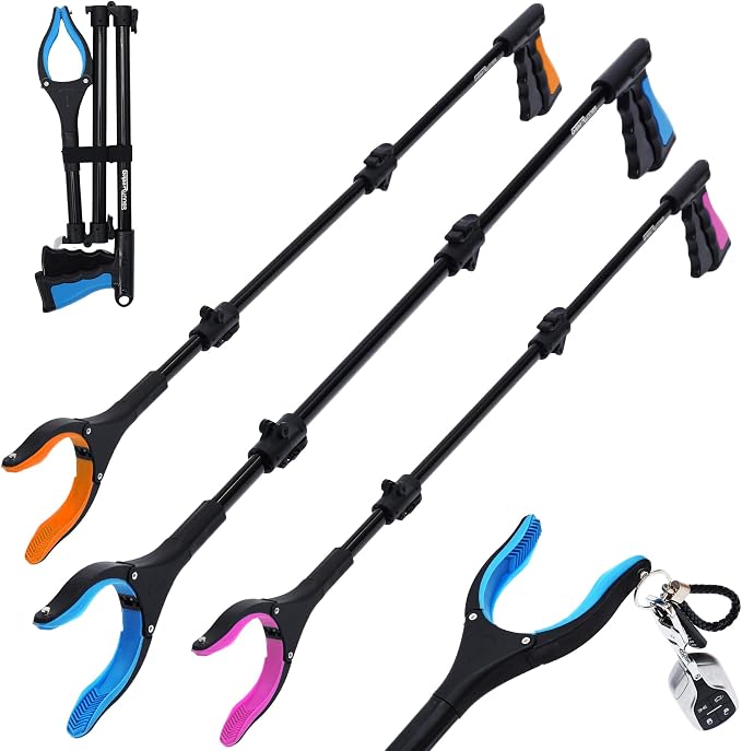 38" Extra Long Grabber Reacher Tool – 3 Pack Foldable Reacher Grabber Pickup Tools with 360° Rotating Jaw & Magnet - Heavy Duty Pick Up Grabbers for Seniors, Trash, Surgery Recovery (Orange Blue Pink)